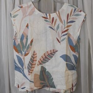 Cynthia Rowley 100% Linen Boxy Short Sleeve Top Tropical Leaf Print